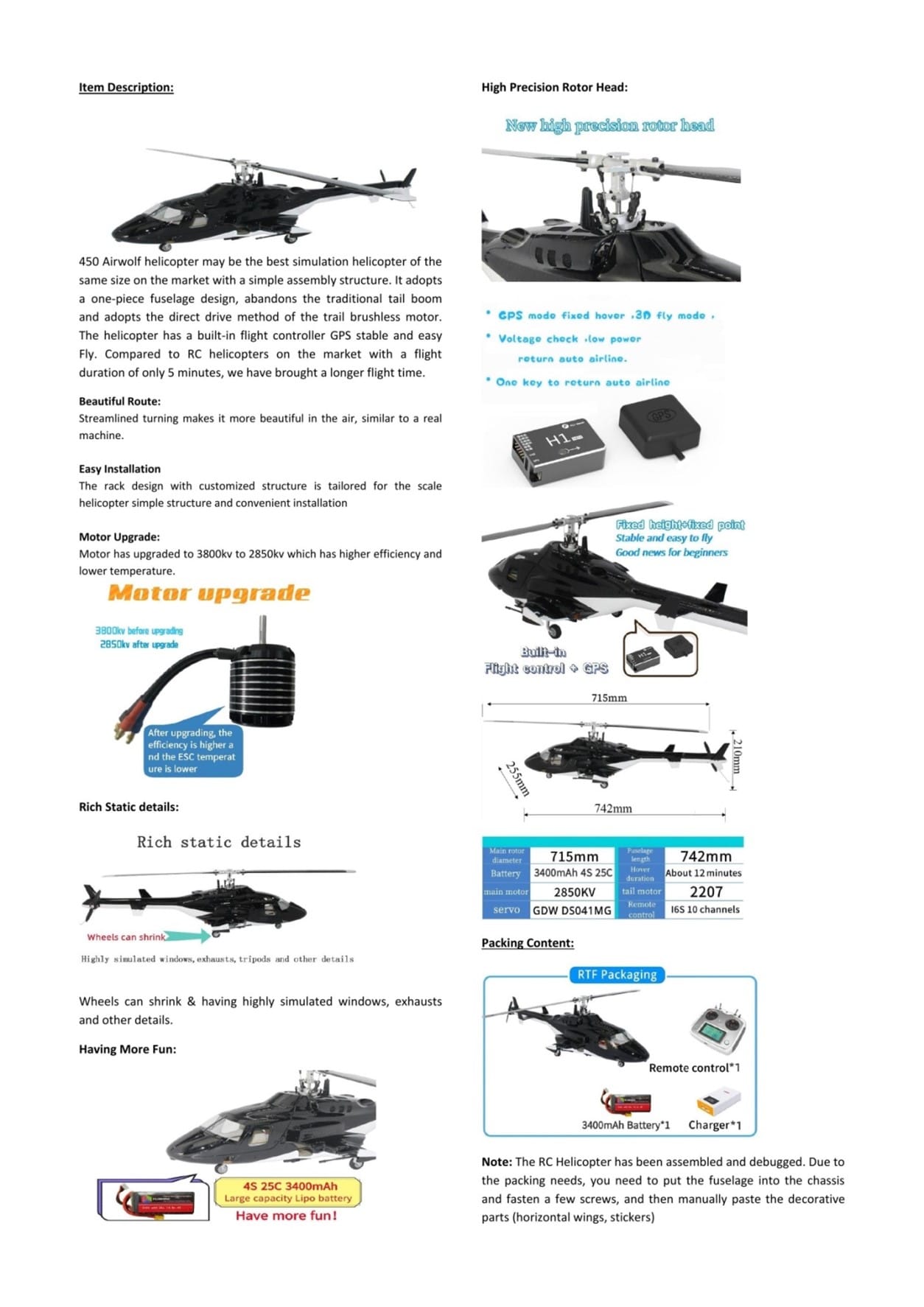 RC Helicopter Air-wolf 6CH 450 Scale GPS H1 Flight Controller RTF | Udumag Toys