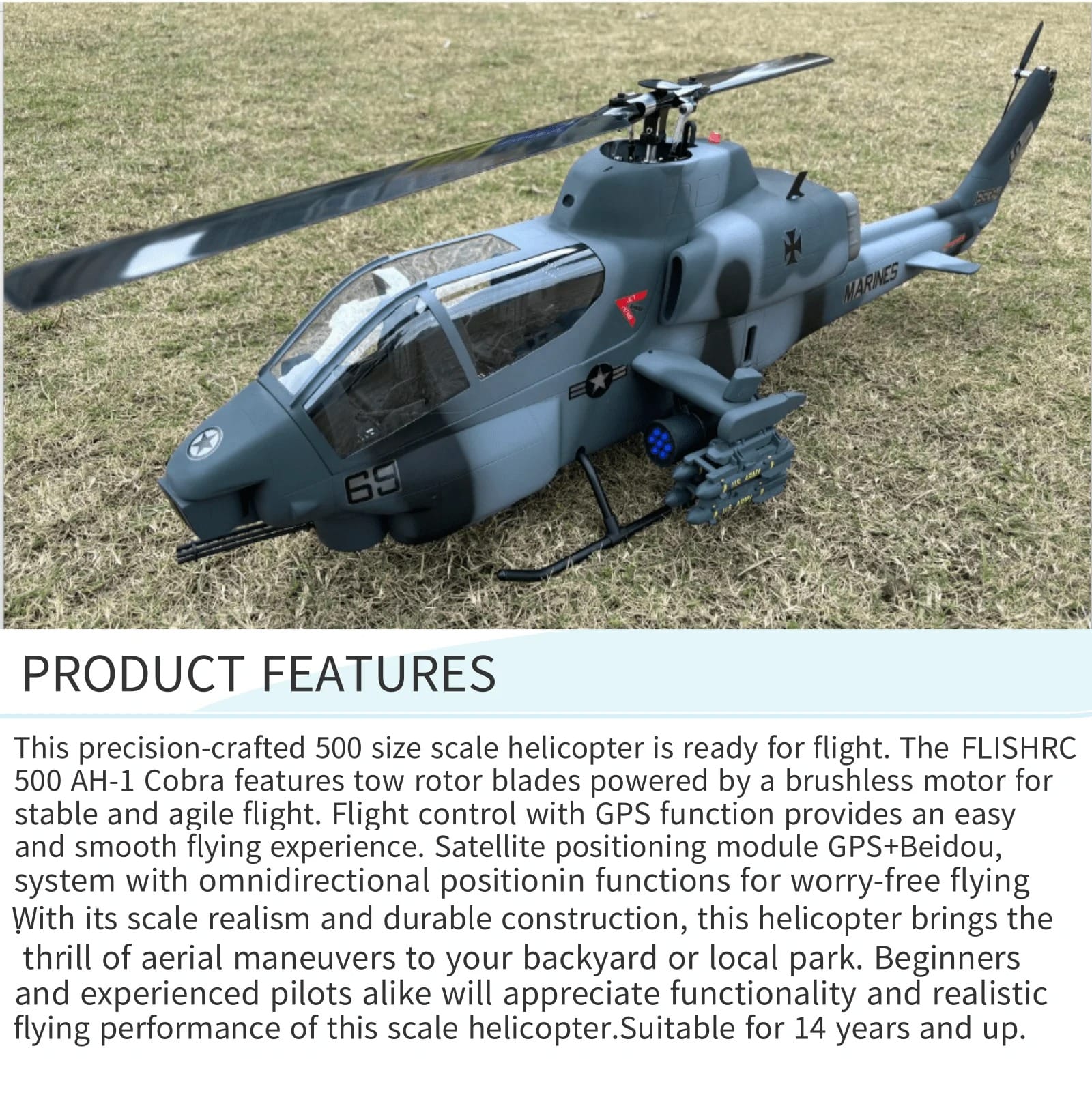 RC Helicopter 500 AH-1 Cobra Scale GPS with H1 Flight Control RTF | Udumag Toys